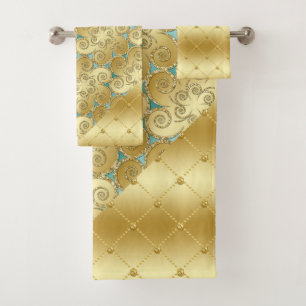 GOLD & AQUA TURQUOISE DIAMOND & ORNATE PATTERNS BATH TOWEL SET