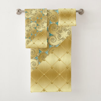 GOLD & AQUA TURQUOISE DIAMOND & ORNATE PATTERNS BATH TOWEL SET