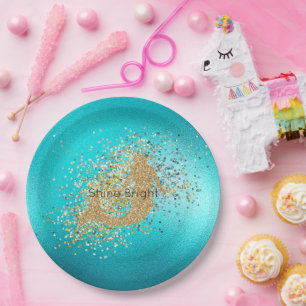 Gold Aqua Turquoise Glitter Sparkle Mermaid     Paper Plates