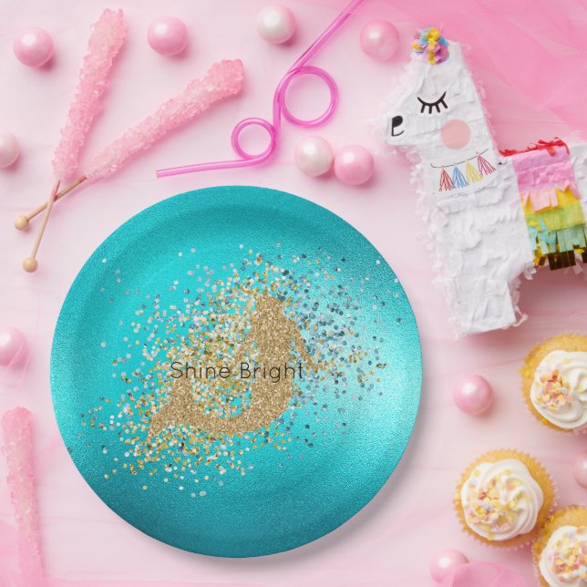 Gold Aqua Turquoise Glitter Sparkle Mermaid     Paper Plates (Party)