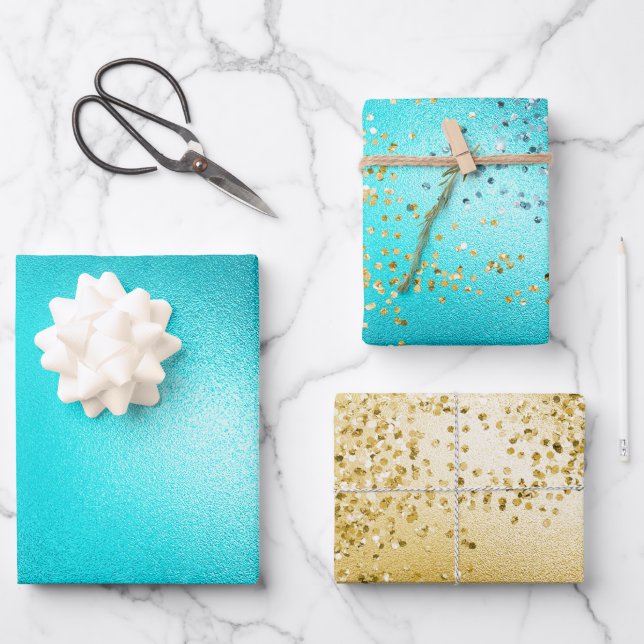 Gold Aqua Turquoise Glitter Sparkle Mermaid   Wrapping Paper Sheets (Front)