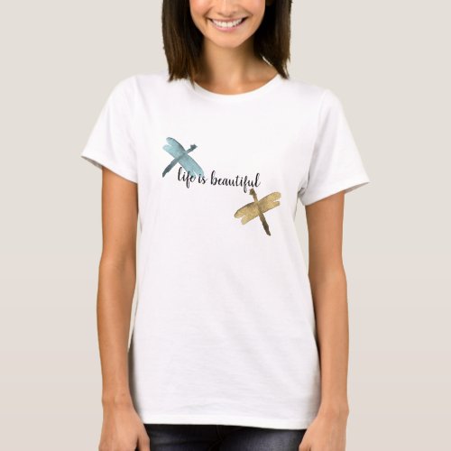 Gold Aqua Watercolor Dragonflies T_Shirt