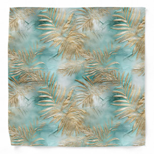 Gold Aqua White Tropical Leaves Bandana
