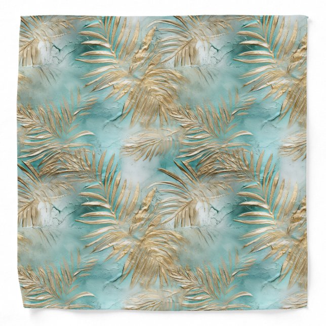 Gold Aqua White Tropical Leaves Bandana (Front)