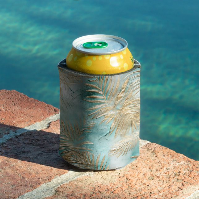 Gold Aqua White Tropical Leaves Can Cooler (In Situ Pool)