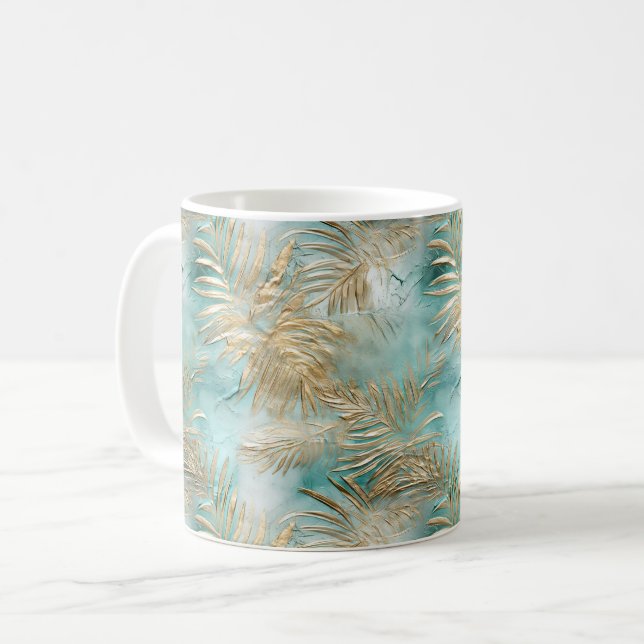 Gold Aqua White Tropical Leaves Coffee Mug (Front Left)