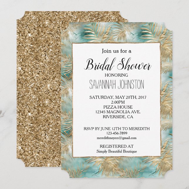 Gold Aqua White Tropical Leaves Invitation (Front/Back)