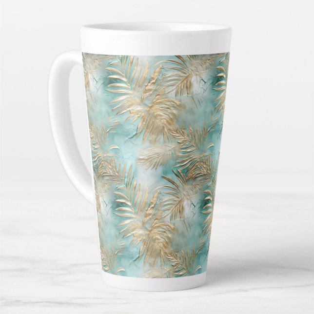 Gold Aqua White Tropical Leaves Latte Mug (Left Angle)
