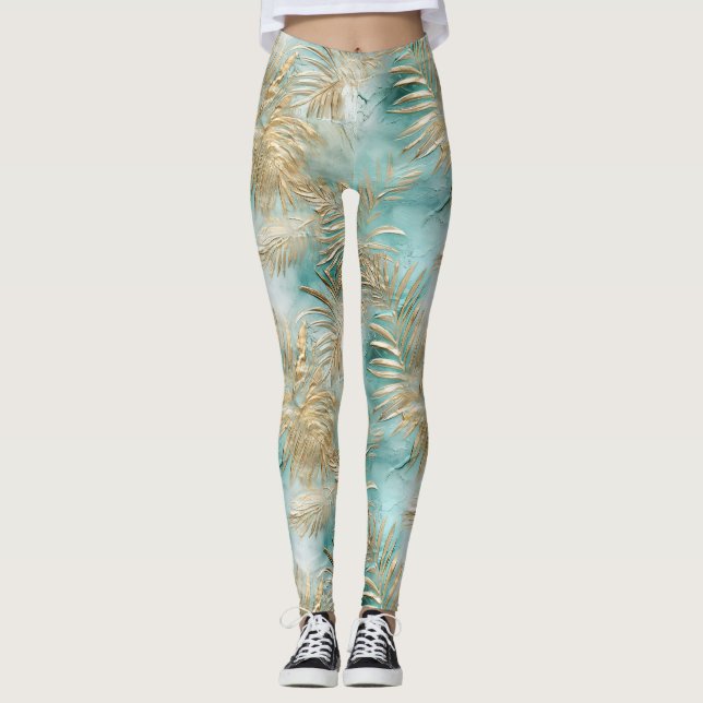 Gold Aqua White Tropical Leaves Leggings (Front)