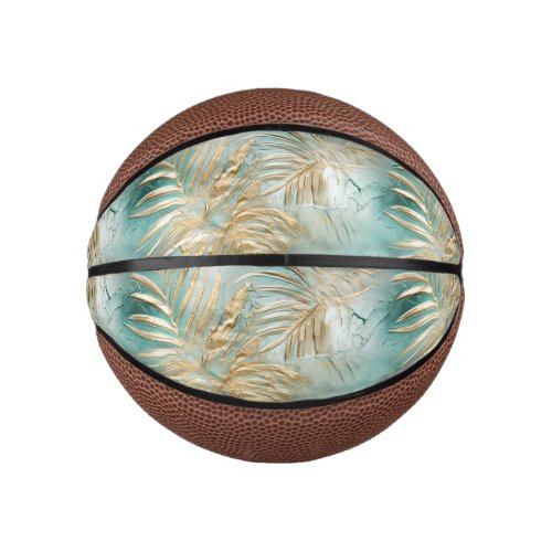 Gold Aqua White Tropical Leaves Mini Basketball