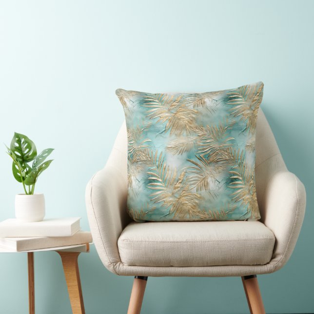 Gold Aqua White Tropical Leaves Throw Pillow (Chair)