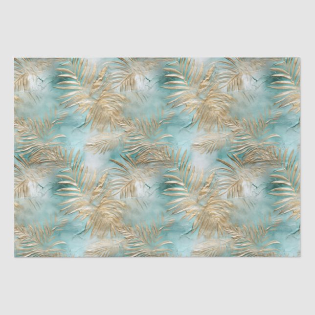 Gold Aqua White Tropical Leaves Tissue Paper (Front)