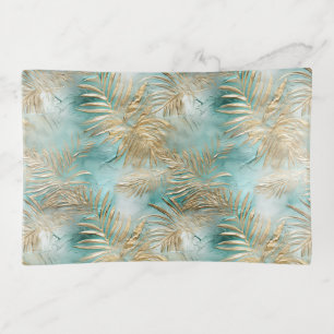 Gold Aqua White Tropical Leaves Trinket Tray