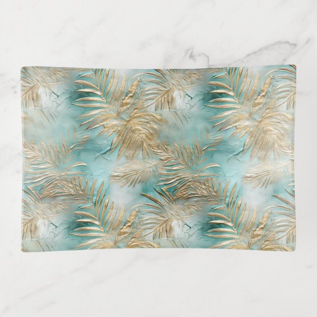 Gold Aqua White Tropical Leaves Trinket Tray (Front)