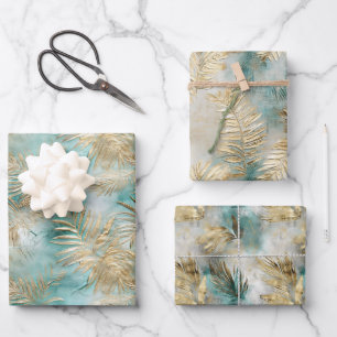 Gold Aqua White Tropical Leaves Wrapping Paper Sheets