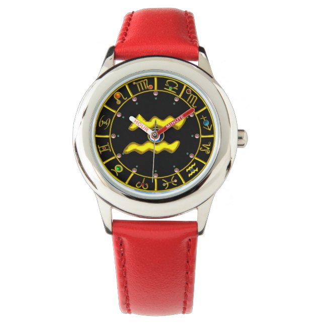 GOLD AQUARIUS AND ZODIACAL SIGNS CHART,GEMSTONES WATCH (Front)