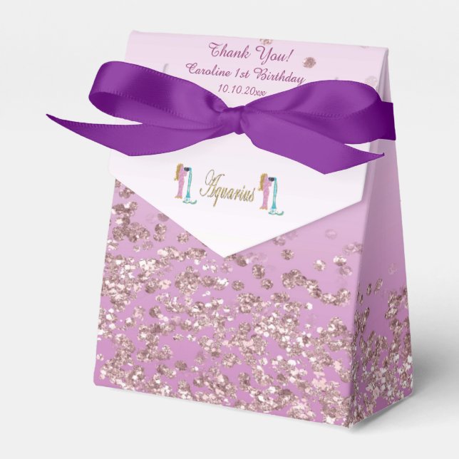Gold Aquarius & Rose Gold Glitter Birthday Favor Boxes (Front Side)