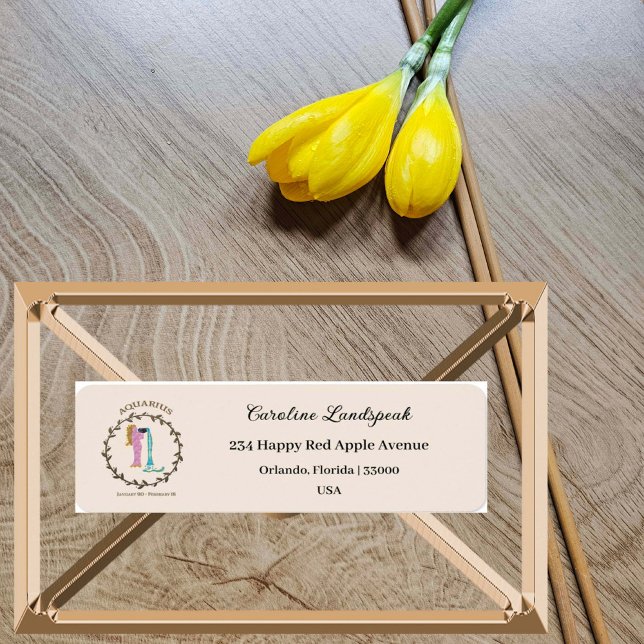 Gold Aquarius Zodiac Sign, Embossed Floral Address Label (Creator Uploaded)