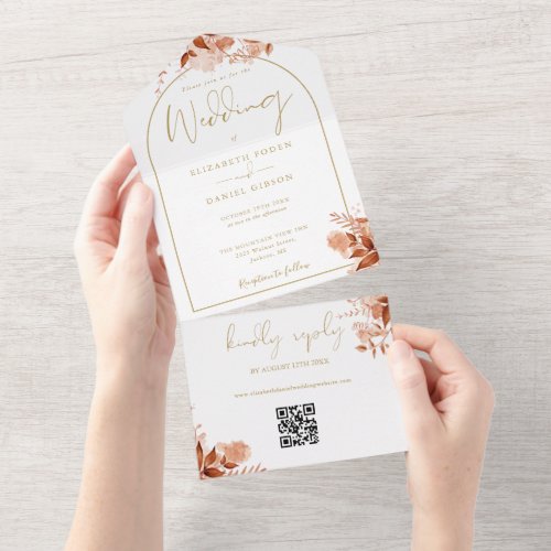 Gold Arch Autumn Fall Floral QR Code Wedding All In One Invitation