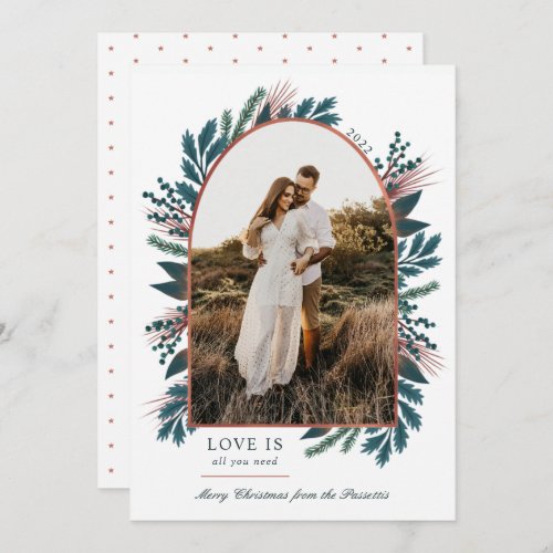 Gold Arch Elegant Foliage Teal One Photo Christmas Holiday Card