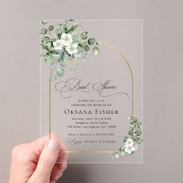 Gold Arch & Eucalyptus Transparent Bridal Shower Acrylic Invitations (Insitu (Handheld))