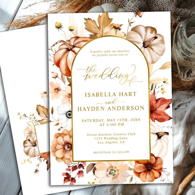 Gold Arch Fall Floral Pumpkin Cream Rust Wedding Invitation (Creator Uploaded)