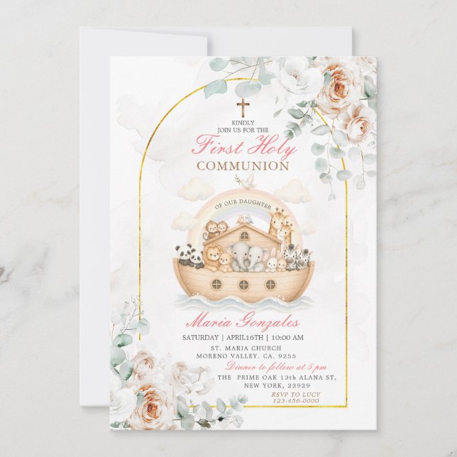 Gold Arch Floral Baptism Noah Ark Invitation  (Front)