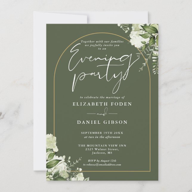Gold Arch Floral Olive Green Wedding Evening Party Invitation (Front)
