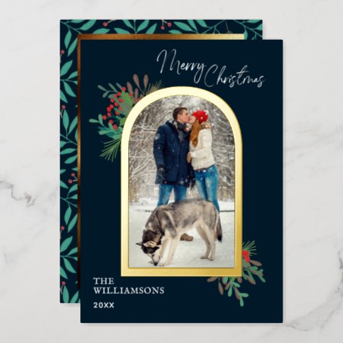 Gold Arch Frame Merry Christmas Botanical Photo Foil Holiday Card