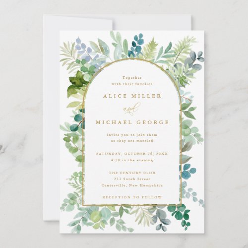 Gold Arch Frame Watercolor Greenery Wedding Invitation