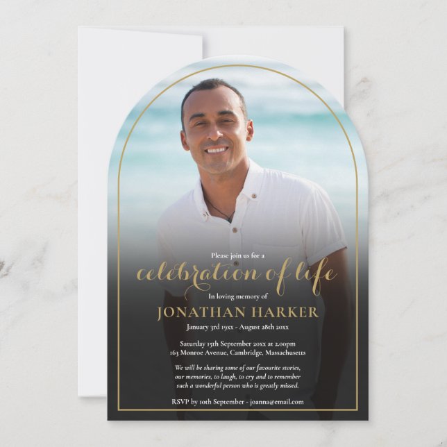 Gold Arch Funeral Photo Celebration of Life Invitation (Front)