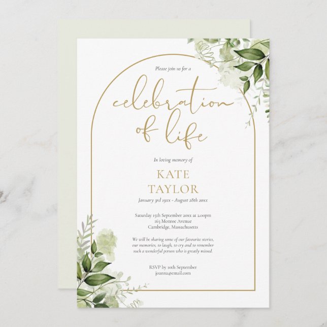 Gold Arch Greenery Celebration of Life Funeral Invitation (Front/Back)