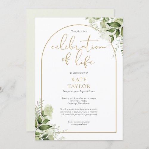 Gold Arch Greenery Celebration of Life Funeral Invitation