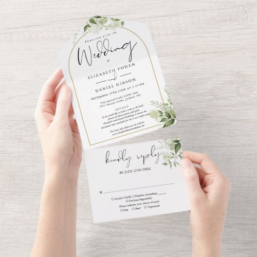 Gold Arch Greenery Floral Details RSVP Wedding All In One Invitation