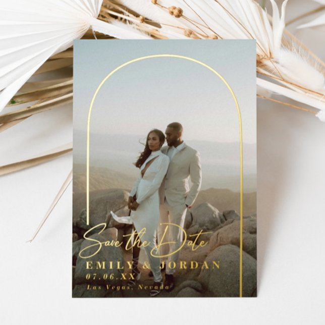 Gold Arch Modern Minimal Photograph Save the Date  Foil Invitation (Creator Uploaded)
