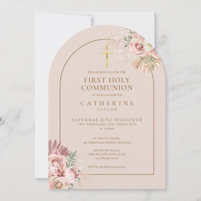 Gold Arch Pampas Grass Floral First Holy Communion Invitation (Front)