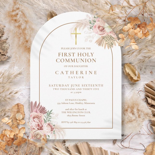 Gold Arch Pampas Grass Floral First Holy Communion Invitation (Gold Arch Pampas Grass Floral First Holy Communion Invitation)