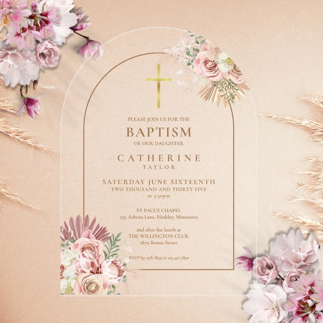 Gold Arch Pampas Grass Floral Girl Baptism Acrylic Invitations (Gold Arch Pampas Grass Floral Girl Baptism Acrylic Invitations)