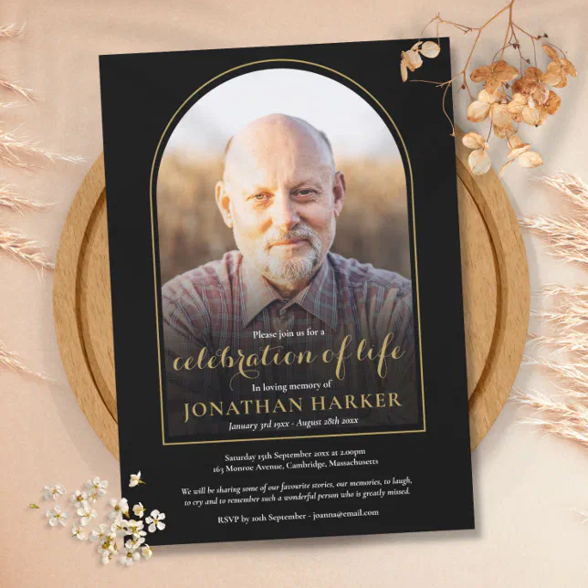 Gold Arch Photo Celebration of Life Funeral Invitation | Zazzle