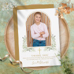 Gold Arch Photo Greenery First Holy Communion Thank You Card<br><div class="desc">Featuring an elegant gold arch,  watercolor greenery foliage and script signature name. Personalize with your photo and special first holy communion thank you message in chic gold lettering on this stylish design. Designed by Thisisnotme©</div>