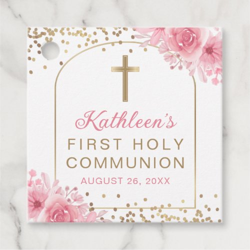 Gold Arch Pink Floral First Communion Thank You Favor Tags