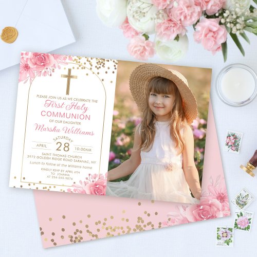 Gold Arch Pink Floral First Holy Communion Photo Invitation