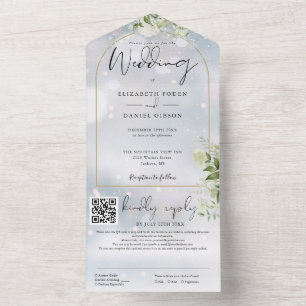 Gold Arch QR Code Greenery Winter Wedding All In One Invitation