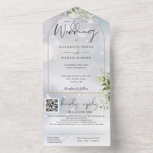 Gold Arch QR Code Greenery Winter Wedding All In One Invitation