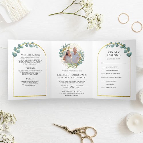 Gold Arch Rustic Eucalyptus Photo Wreath Wedding Tri_Fold Invitation
