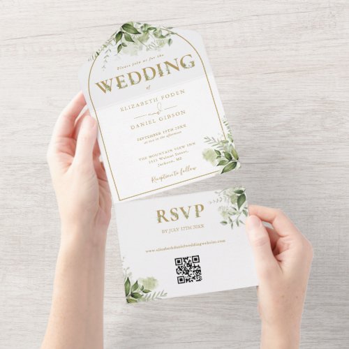 Gold Arch Rustic Greenery QR Code Wedding All In One Invitation