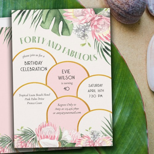 Gold Arch Tropical Protea and Palm 40th Birthday Invitation