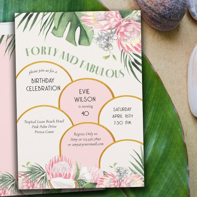 Gold Arch Tropical Protea and Palm 40th Birthday Invitation (Creator Uploaded)