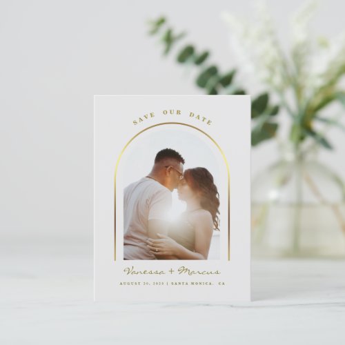 Gold Arched Frame Wedding Photo Save The Date Announcement Postcard