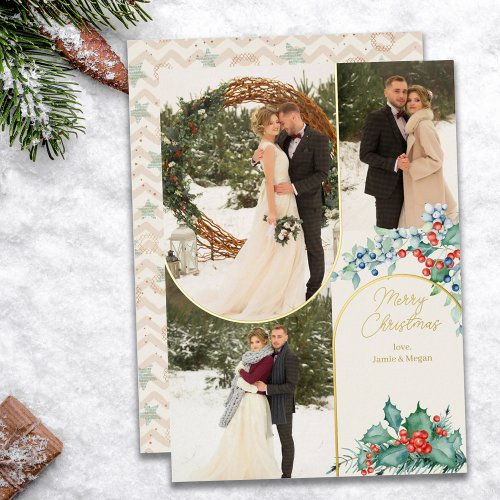 Gold Arches 3 Photo Pine and Winter Berries Foil Holiday Card